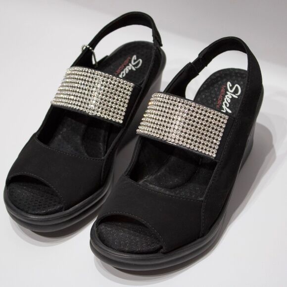 NWT Skechers Cali Rumblers Black Wedge Sandal Diamond Bedazzled Women Size 6 - Picture 6 of 13